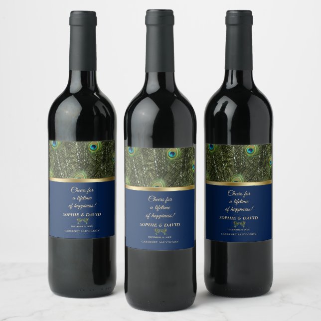 Unique Navy Blue Gold Peacock Feathers Wedding Wine Label (Bottles)