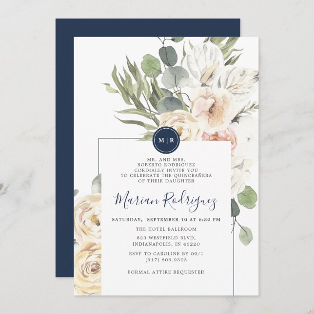 Unique Navy Floral Eucalyptus Monogram Quinceañera Invitation (Front/Back)