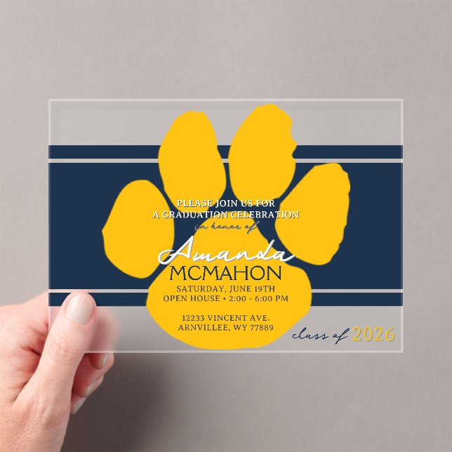Unique Navy & Gold Graduation Pawprint Elegant Acrylic Invitations (Insitu (Handheld))