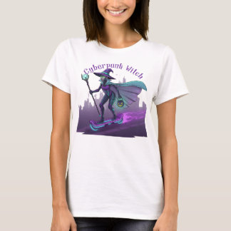 Unique Neon Halloween Cyberpunk Witch Illustration T-Shirt