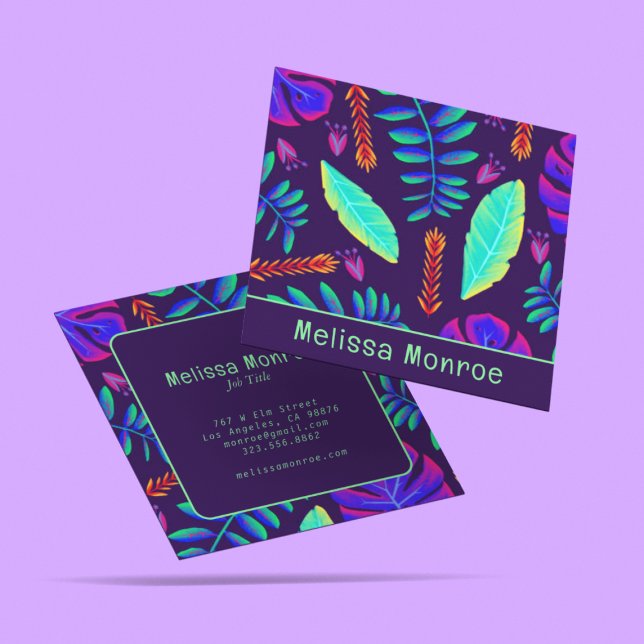Unique Neon Leaves Purple Typography Script  Square Business Card (Creator Uploaded)