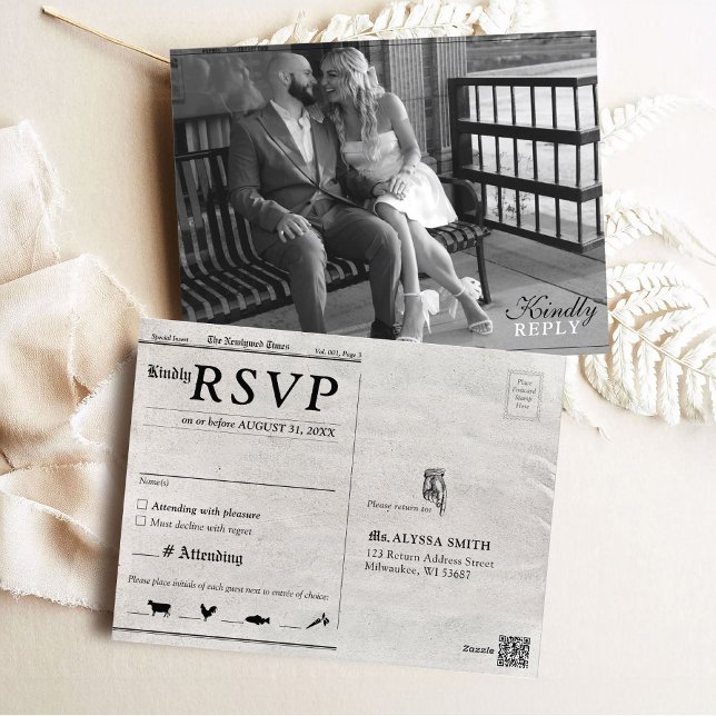 Unique Newspaper Photo Wedding Invitation RSVP Postcard (Unique cute newspaper wedding invitation postcard style RSVP enclosure card, black and white photo)