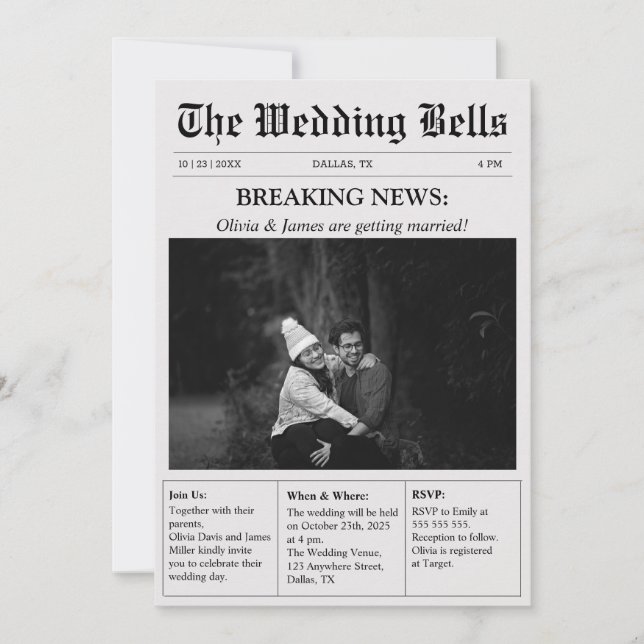 Unique Newspaper Vintage Photo Wedding  Invitation (Front)