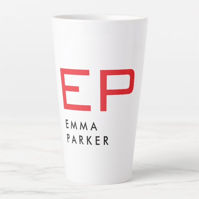 Unique Own Name Black White Trendy Red Monogram Latte Mug (Front)