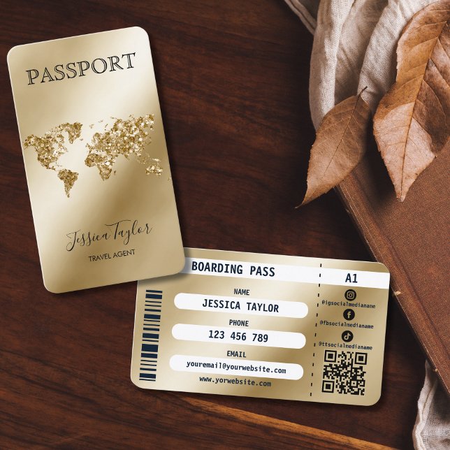 Unique Passport Travel Makeup World Boarding Pass Business Card (passport like business card for travel agents, gold glitter world map on gold foil background)