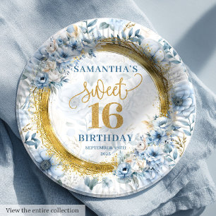 Unique Pastel Blue Sweet Sixteen Gold Glitter   Paper Plate