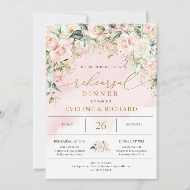 Unique pastel pink roses greenery gold rehearsal invitation (Front)
