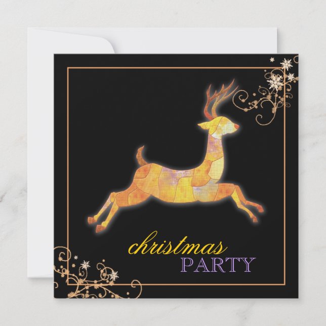 Unique Patchwork Reindeer Black Christmas Party Invitation (Front)