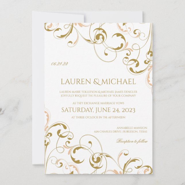 Unique Peach & Gold Wedding Invitations | Swirls (Front)