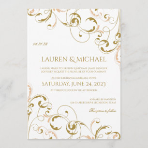 Unique Peach & Gold Wedding Invitations   Swirls