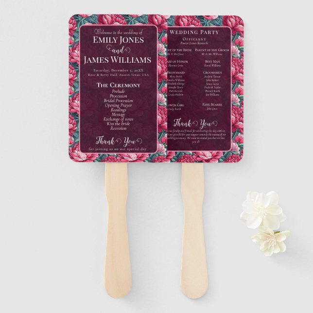 Unique Peony Inspired Summer Wedding Program Hand Fan (Front and Back)