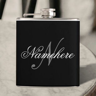 Unique Personalised Black and White Name Monogram Hip Flask