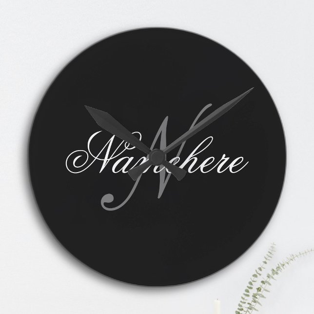 Unique Personalised Black and White Name Monogram Round Clock (Creator Uploaded)