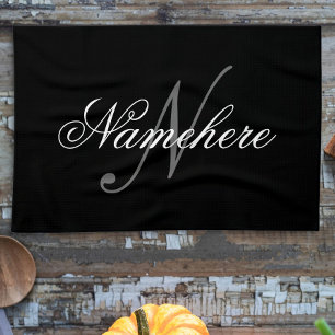 Unique Personalised Black and White Name Monogram Tea Towel