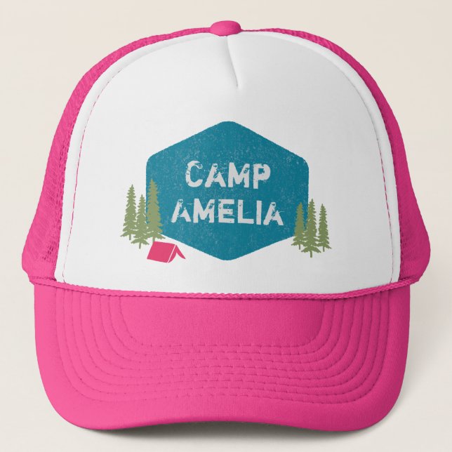 Unique Personalised Camp Name Birthday Party Pink Trucker Hat (Front)