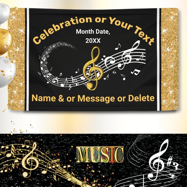 Unique Personalised Music Notes Banner Black, Gold (Music themed Banner. Music Graduation party ideas. Musical birthday party ideas. Musical Banners. )