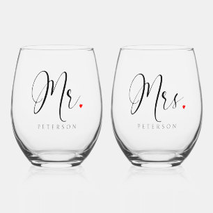 Unique Personalized Mr & Mrs. Rustic Wedding Stemless Wine Glass
