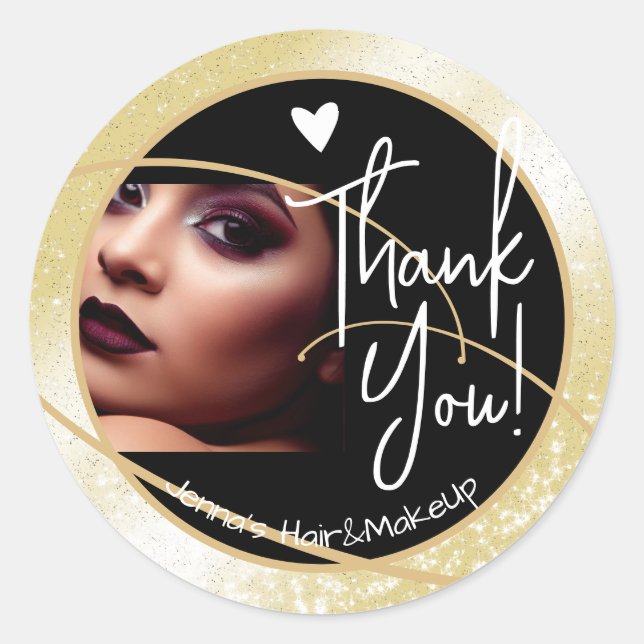 Unique Photo Template Stylish Golden Frame Heart  Classic Round Sticker (Front)