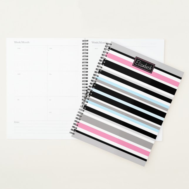 Unique Pink Black Stripes Pattern Personalised Planner (Display)