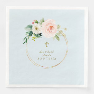 Unique Pink Blush Floral Gold Cross Boy Baptism Napkin