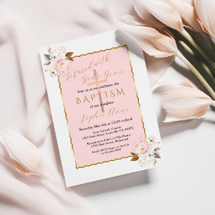 Unique Pink Blush Gold Flowers Girl Baptism Invitation
