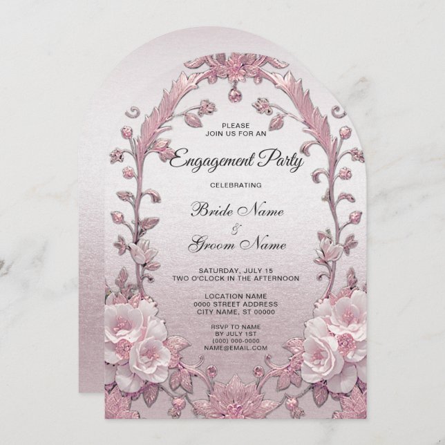 Unique Pink Floral Engagement Invitation (Front/Back)