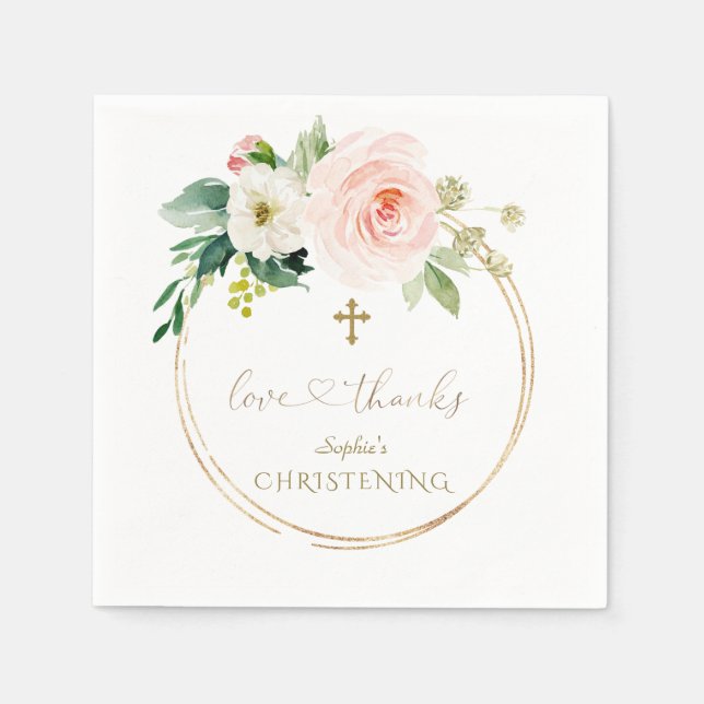 Unique Pink Floral Gold Calligraphy Christening Napkin (Front)