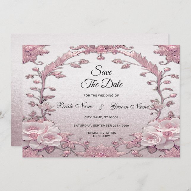 Unique Pink Floral Save The Date (Front/Back)