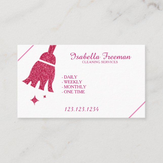 Unique Pink Glitter Maid House Cleaning Service Business Card (Front)