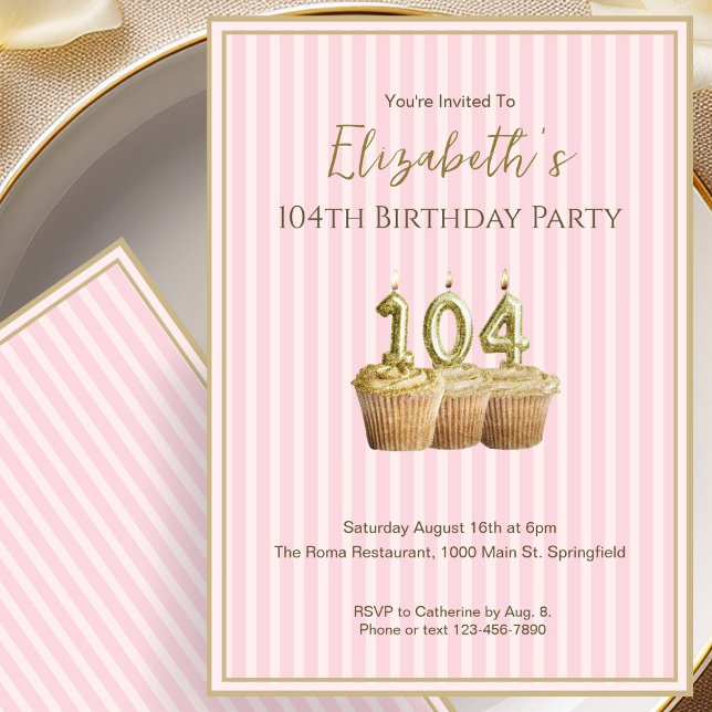 Unique Pink Gold 104th Birthday Invitation For Her (Creator Uploaded)