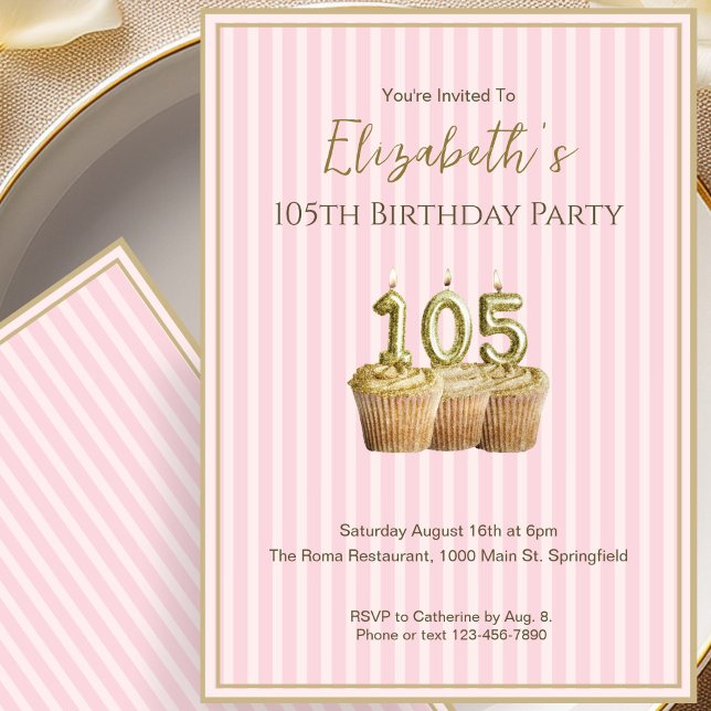 Unique Pink Gold 105th Birthday Invitation For Her (Creator Uploaded)