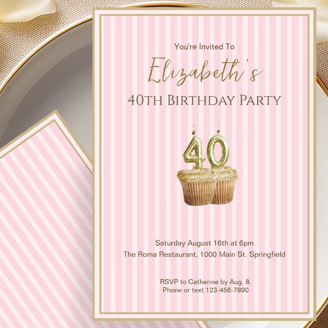 Unique Pink Gold 40th Birthday Invitation For Her (Creator Uploaded)