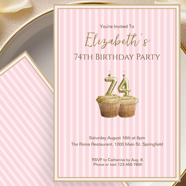 Unique Pink Gold 74th Birthday Invitation For Her (Creator Uploaded)