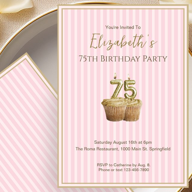 Unique Pink Gold 75th Birthday Invitation For Her (Creator Uploaded)