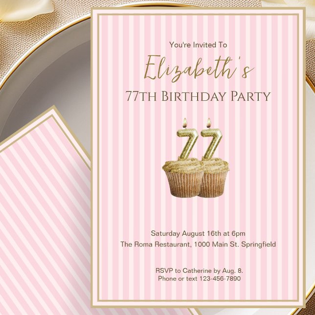 Unique Pink Gold 77th Birthday Invitation For Her (Creator Uploaded)