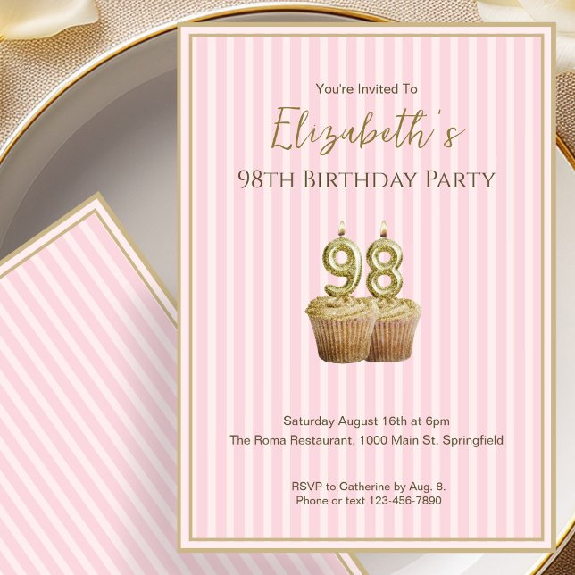 Unique Pink Gold 98th Birthday Invitation For Her (Creator Uploaded)
