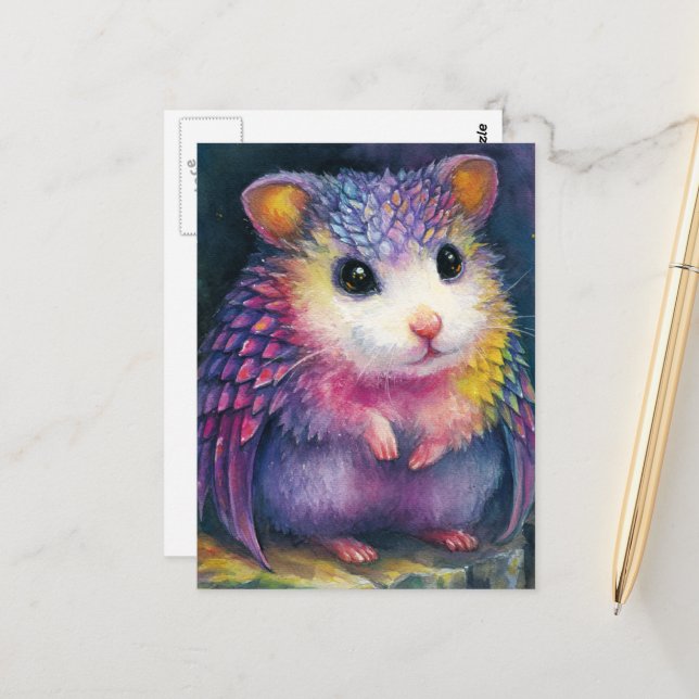 Unique Pink Hamster Dragon Postcard (Front/Back In Situ)