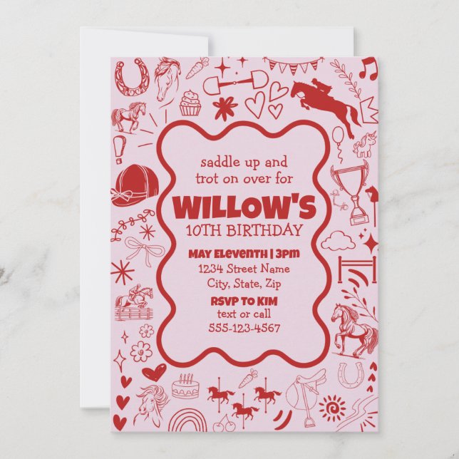 Unique Pink Horse Girl Equestrian Birthday Invitation (Front)