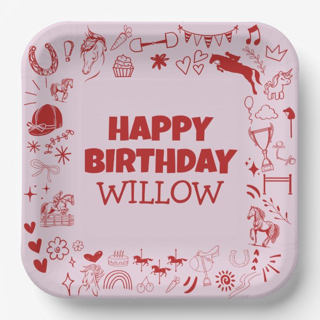 Unique Pink Horse Girl Equestrian Pony Birthday  Paper Plate (Front)