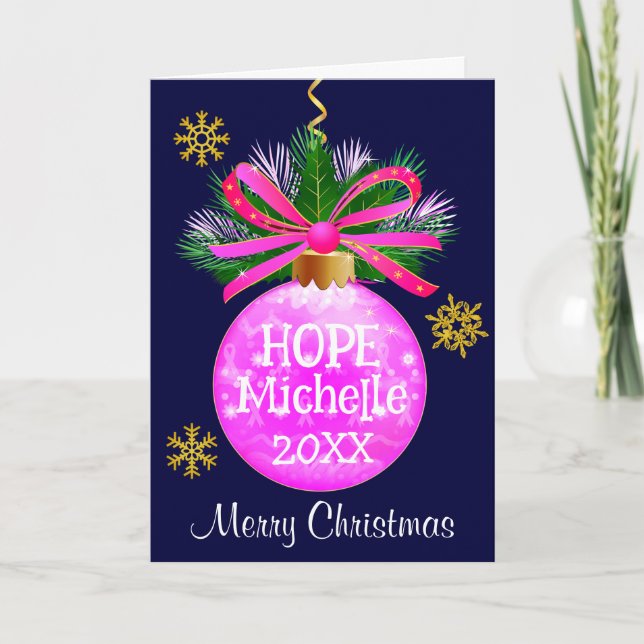 Unique Pink Ribbon Bauble Holiday Card (Front)