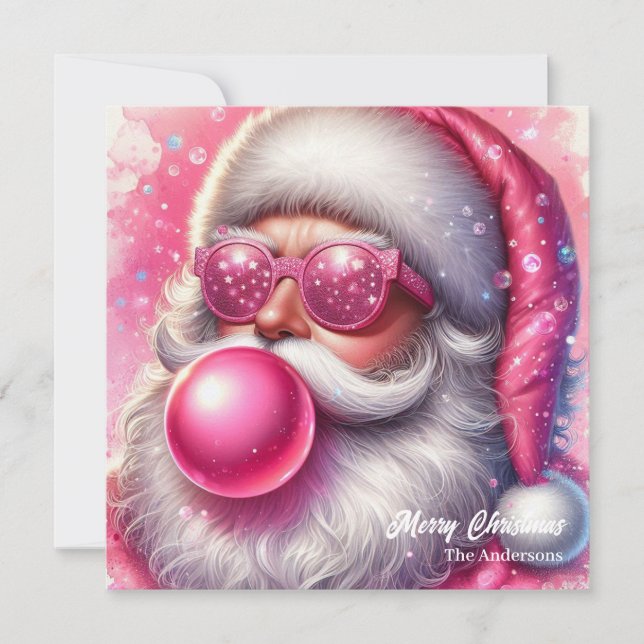 Unique pink Santa Claus blowing pink bubble gum Holiday Card (Front)
