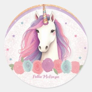 Unique Pink Unicorn, Roses, Rainbow Birthday Classic Round Sticker