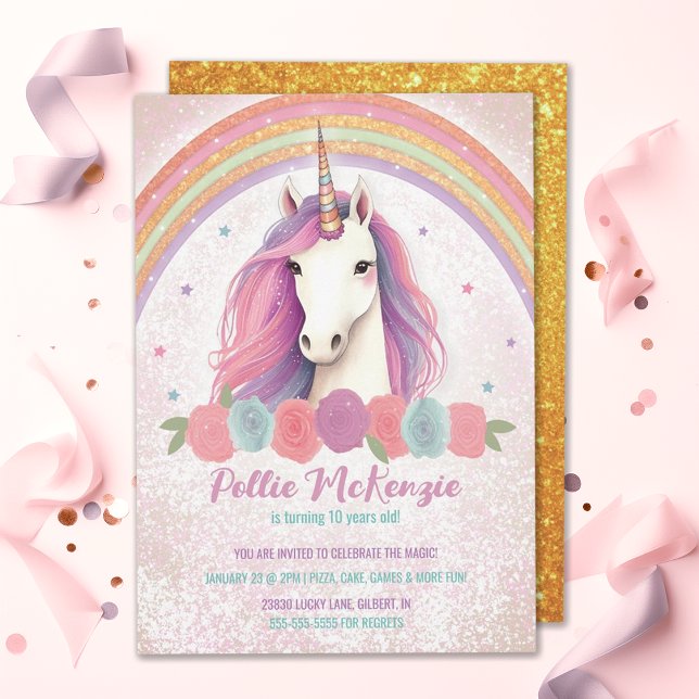 Unique Pink Unicorn, Roses, Rainbow Birthday Party Invitation (Creator Uploaded)