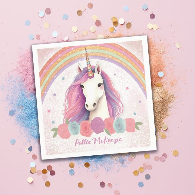Unique Pink Unicorn, Roses, Rainbow Birthday Party Napkin (Creator Uploaded)