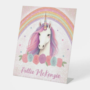 Unique Pink Unicorn, Roses, Rainbow Birthday Pedestal Sign