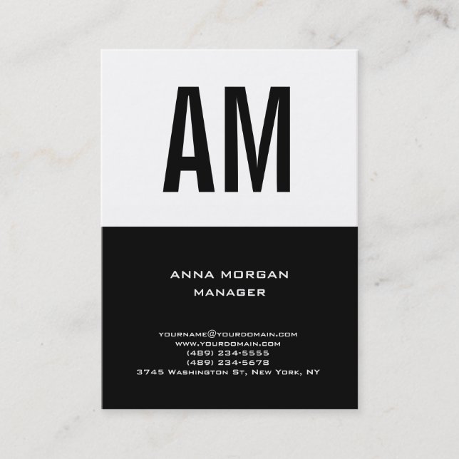 Unique plain simple black white monogram business card (Front)