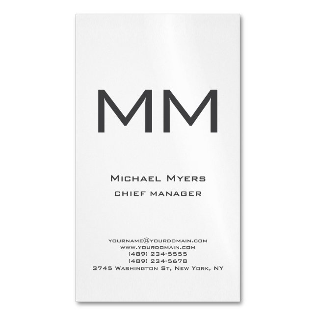 Unique plain simple black & white monogram magnetic business card (Front Vertical)