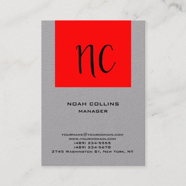 Unique plain simple grey red professional monogram business card (Front)