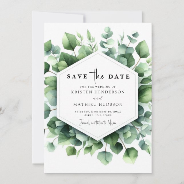 Unique Playful Eucalyptus Digital Wedding Save The Date (Front)