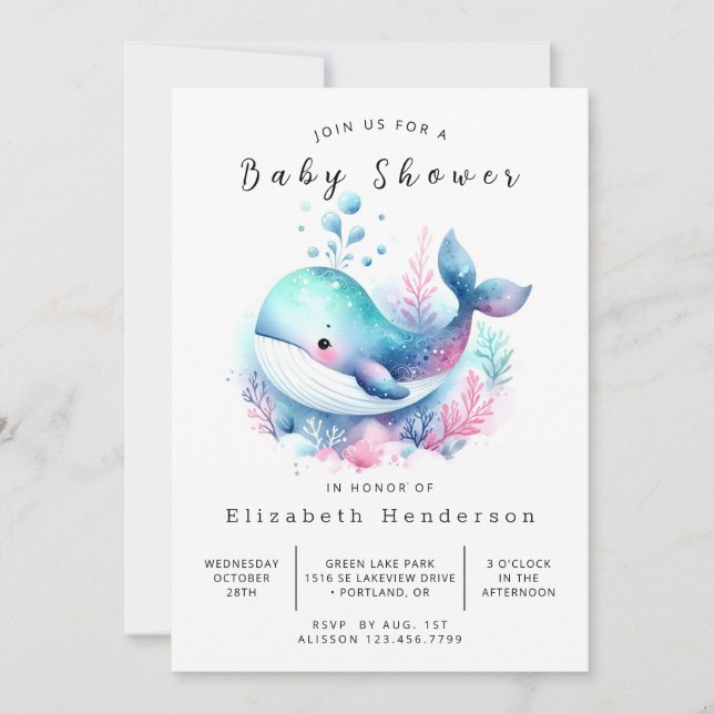 Unique Printable Whale Baby Shower Invitation (Front)